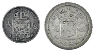 Holland Kelet-India 1907. 1/10G Ag + 1921. 1/4G Ag T:XF,VF patina Netherlands East Indies 1907. 1/10...