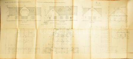 cca 1910 (?) Kispest-Wekerletelepi lakóépület, Kotál Henrik (1874-1955) építész által tervezett K II. jelölésű típusház tervrajzainak (homlokzat, oldalnézet, alaprajz stb.) korabeli (?) másolata egy lapon, 74,5x157 cm, hajtva, kissé sérült, foltos. Kotál Henrik néhány típusházat tervezett, 50 épült fel Wekerletelepen.