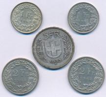 Svájc 1933B 5Fr Ag + 1963. 1Fr Ag + 1968. 1Fr Cu-Ni + 1968. 2Fr Cu-Ni (2x) T:AU-VF Switzerland 1933B 5 Francs Ag + 1963. 1 Franc Ag + 1968. 1 Franc Cu-Ni + 1968. 2 Francs Cu-Ni (2x) C:AU-VF Krause KM#402