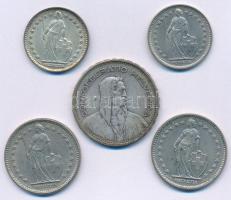 Svájc 1933B 5Fr Ag + 1963. 1Fr Ag + 1968. 1Fr Cu-Ni + 1968. 2Fr Cu-Ni (2x) T:AU-VF Switzerland 1933B...