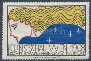 Ritka Wiener Werkstätte reklámcimke:  Kunstschau Wien 1908, tervezte Bertold Löffler, LŐ szignóval, nyomás A. Berger Wien, mérete 4,5 x 6,5 cm.