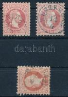 1867 2 db 5kr, egyik vízjellel, a másik kék lebélyegzéssel (+ 1db osztrák bélyegzésű 5kr)