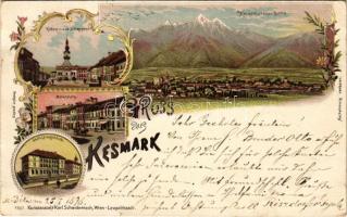 1898 (Vorläufer) Késmárk, Kezmarok; Városháza, Magas Tátra, Fő tér, Lyceum új épülete / Vysoké Tatry, town hall, main square, new grammar school. Kunstanstalt Karl Schwidernoch Art Nouveau, floral, litho