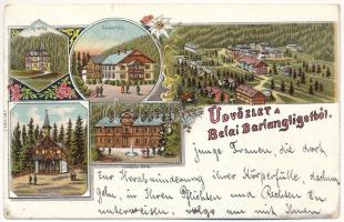 1898 (Vorläufer) Barlangliget, Höhlenhain, Tatranská Kotlina (Magas-Tátra, Vysoké Tatry); Üdvözlet a Bélai barlangligetből! Tündérlak, Konkordia, Kápolna, Szepes-Béla, nyaralók, szállodák / villas, hotels, chapel. Art Nouveau, floral, litho (kis szakadás / small tear)