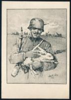 Márk Lajos (1867-1940): Húsvéti üdvözlet, katonai témájú grafika (képeslap formátumban). Nyomat, papír, jelzett a nyomaton, 14,5x10 cm