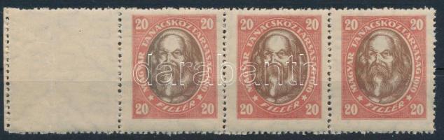 1919 Magyar Tanácsköztársasági arcképek 20f ívszéli hármascsík üres mezővel (60.000)