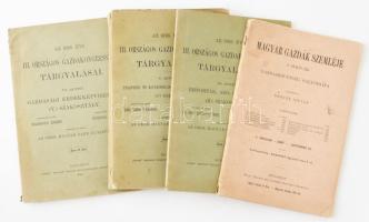 Az 1895. évi III. országos gazdakongresszus tárgyalásai III., V., VI. kötet + 1897 Magyar Gazdák szemléje folyóirat II. évf szept hó. Kissé sérült papírkötésben