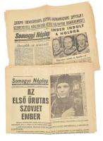 1961-69 Az első űrutas szovjet ember, Jurij Gagarin a Somogyi Néplap, 1961. ápr. 13. számában + 1969 Somogyi Néplap 6 további számának címlapjai a holdraszállással kapcsolatos cikkekkel (csak a címlapok!), részben sérült