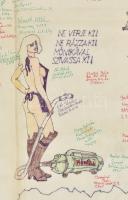 1989 Kaposvár, katona humoros-erotikus emlékrajza, vegyes technika, vászon, számos aláírással, hajtv...