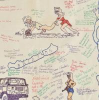 1989 Kaposvár, katona humoros-erotikus emlékrajza, vegyes technika, vászon, számos aláírással, hajtv...