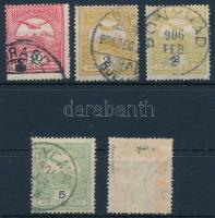 1900-1913 Turul 10f elfogazva, 2f eltérő színváltozat, 5f fordított vízjellel, 3f részleges gépszínátnyomattl