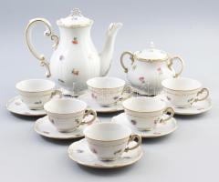 Zsolnay virágmintás mokkás készlet, tejkiöntő hiányzik. Jelzett, kopással, kis pattogzással.