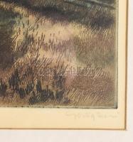 Görög Rezső (1930-): 1514, Tápió. Rézkarc, papír, jelzett, üvegezett keretben, sérüléssel a kereten ...