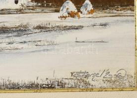 Pánczél Zoltán (1947-): Napnyugta a tanyán. Olaj, farost, jelzett, dekoratív keretben, 40x60 cm