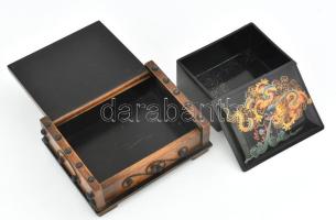 2 db ládika: egyik fa, fém díszítésekkel 12x12 cm és keleti stílusú lakkozott sárkányos 10x13 cm