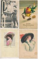 54 db RÉGI motívum képeslap vegyes minőségben: hölgyek, üdvözlőlapok, művész / 54 pre-1945 motive postcards in mixed quality: ladies, greetings, art