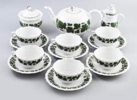 Meissen szőlőlevél mintás teás készlet. cca 1960, jelzett, futó szőlőlevél mintával díszített, plasztikus fogókkal, hibátlan, teljes.