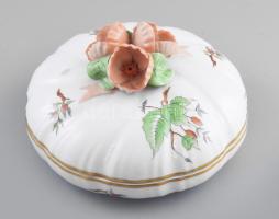 Herendi csipkebogyó mintás nagy méretű porcelán bonbonniere. Plasztikus virág díszítéssel Kézzel festett, jelzett, hibátlan d: 18 cm