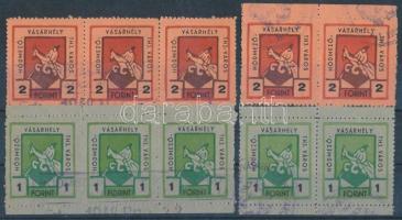 Hódmezővásárhely 1Ft és 2Ft városi illetékbélyegek, az ötöscsík eltérő bélyegei párban illetve hármascsíkban / 1Ft + 2Ft fiscal stamps in pairs and stripes of 3