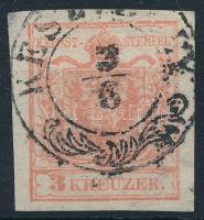 1850 3kr HP I. lemezhibákkal: felső keretvonal + festékfolt a pajzsban / with plate flaws KES(ZTHE)LY