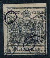 1850 2kr HP I. fekete, lemezhibák a Kreuzer feletti vonalon + a pajzs bal oldalánál / black, with plate flaws. NAGY K(I)KINDA