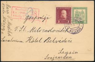 1917 Díjkiegészített díjjegyes, cenzúrázott levelezőlap Svájcba / Censored PS-card with additional franking to Switzerland