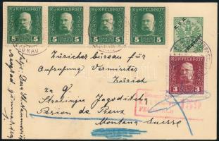 1917 Díjjegyes levelezőlap 5 bélyeggel díjkiegészítve Svájcba, cenzúrázva / Censored PS-card with 5 stamps additional franking to Switzerland