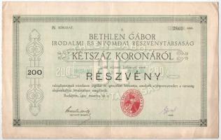 Budapest 1922. &quot;Bethlen Gábor Irodalmi és Nyomdai Részvénytársaság&quot; részvénye 200K-ról, szelvényekkel T:F