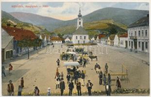 Mehádia, Mehadia; Hauptplatz / Fő tér, piac, templom. Brauch A. fia kiadása / main square, market, church