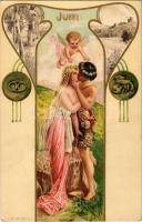 Juni / Június. Szecessziós litho nyári művészlap / June. Art Nouveau litho summer art. J.P.W. Serie 366. No. 6. litho (EK)