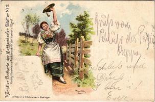 1898 (Vorläufer) Tirol, Künstler-Postkarte der Meggendorfer Blätter No. 2. / Tyrolean folklore. Art Nouveau, litho s: Mukarowsky