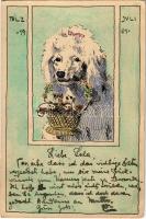 1901 Juli, Tölz / Uszkár kutya kis cicákkal - kézzel festett / Poodle dog with kittens - hand painted (EK)