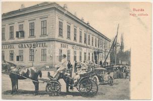 Buziás, Buzias; Grand Hotel nagy szálloda, montázs automobillal és hintóval / hotel, montage with automobile and horse-drawn carriage (fl)