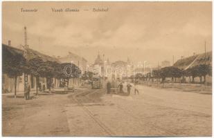 Temesvár, Timisoara; Vasútállomás, villamos. Uhrmann Henrik kiadása / Bahnhof / railway station, tram