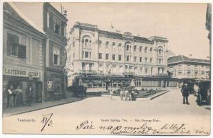 1905 Temesvár, Timisoara; Szent György tér, Első Takarékpénztár, Leitenbor József üzlete / square, savings bank, shop (EK)