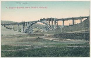 1909 Ósinka, Altschenk, Sinca Veche; A Fogaras-Brassói vasút viaduktja, vasúti híd, gőzmozdony, vonat. Thierfeld Dávid kiadása / Fagaras-Brasov railway line's viaduct, railway bridge, locomotive, train