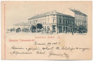 1899 (Vorläufer) Temesvár, Timisoara; Józsefváros, Scudier tér, Gaszner József üzlete, piac. Kossak József udvari fényképész kiadása / Iosefin, square, market, shop (EB)