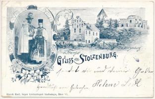 1899 (Vorläufer) Szelindek, Stolzenburg, Slimnic; Sächsisches Brautpaar, Ev. Pfarrhof, Die Stolzenburg / Szász jegyespár, Evangélikus plébánia, vár. Storch Emil kiadása / Transylvanian folklore, Lutheran parish, castle. Art Nouveau, floral (EK)