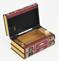 Könyv formájú zenélő titokdoboz. Benne öngyújtóval és rejtett rekesszel 17x9x8 cm