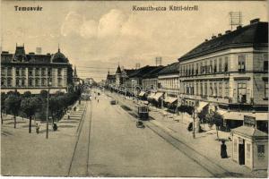 1914 Temesvár, Timisoara; Kossuth utca a Küttl térről, villamos, Elite kávéház és sörcsarnok, Keppich Adolf divatáruház reklámja, Thomasek üzlete. Polatsek kiadása / street, tram, cafe and beer hall, shop