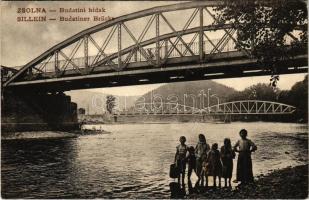 1910 Zsolna, Sillein, Zilina; Budatini hidak, Vág folyó / bridges, Váh river (fl) + ZSOLNA-GALÁNTA-BUDAPEST 45. SZ. vasúti mozgóposta bélyegző