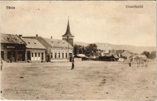 1917 Tövis, Teius; utca részlet, Ábrahám Testvérek üzlete. Vasúti levelezőlapárusítás 1985. / street view, shop (EK)