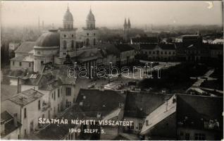 1940 Szatmárnémeti, Satu Mare; bevonulás, Fő tér autóbuszokkal / entry of the Hungarian troops, autobuses. photo + &quot;1940 Szatmárnémeti visszatért&quot; So. Stpl