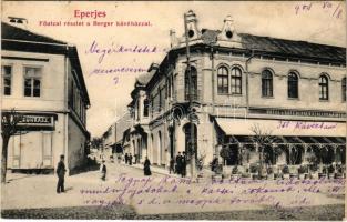 1905 Eperjes, Presov; Fő utca, Berger szálloda és kávéház, cukrász üzlet. Cattarino Sándor kiadása / main street, hotel and cafe, confectionery shop (Rb)