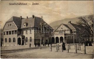 1912 Feketehalom, Zeiden, Codlea; Gesellschaftshaus, Gasthaus zur Schwarzburg / Társasági ház, vendéglő, étterem. Fritz Schnell kiadása. Photogr. Greiner / restaurant (fl)