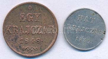 1848. 1kr Cu technológiai hibás veret + 1849NB 6kr Ag T:VF,F lapkahiba, karc Adamo B1, Adamo B3