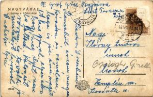 1942 Nagyvárad, Oradea; Látkép a Kőrös híddal, Dermata, Lőrincz üzlete, villamos, kerékpár, templom ...