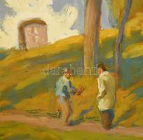 Csáki-Maronyák József (1910-2002): Balatoni kirándulók (őszi táj). Olaj, farost. Jelezve balra lent....