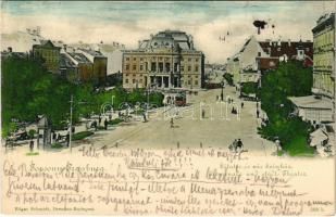 1900 Pozsony, Pressburg, Bratislava; Sétatér és városi színház, villamos. Edgar Schmidt kiadása / Promenade und städt. Theater / street view, theatre, tram (fl)