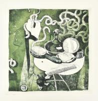 Ligeti Miklós (1982-): Szürrealista csendélet. Színes rézkarc, papír, jelzés nélkül. 30x30 cm